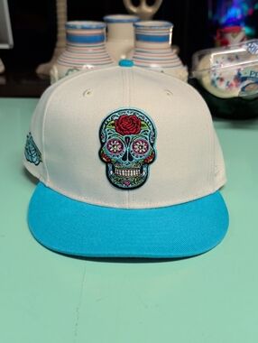 White and Turquoise Sugar Skull Snapback Hat